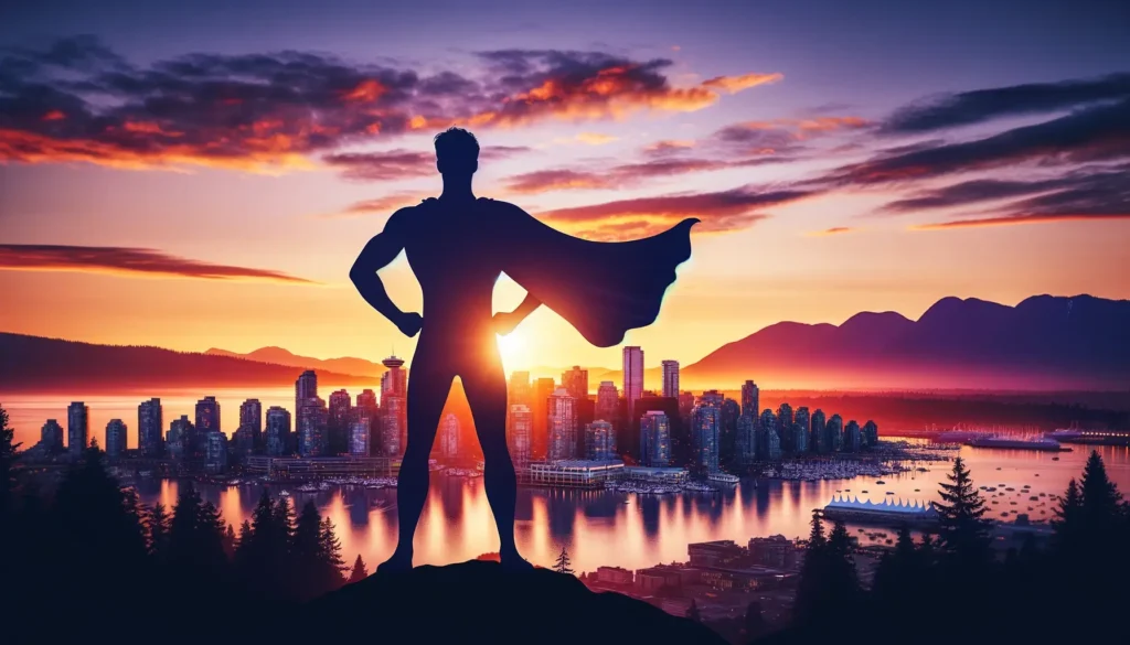 Silhouette of a hero in a cape against a sunset backdrop over Vancouver, representing Superman Pills Canada for erectile dysfunction with a Sildenafil Tadalafil mix.
