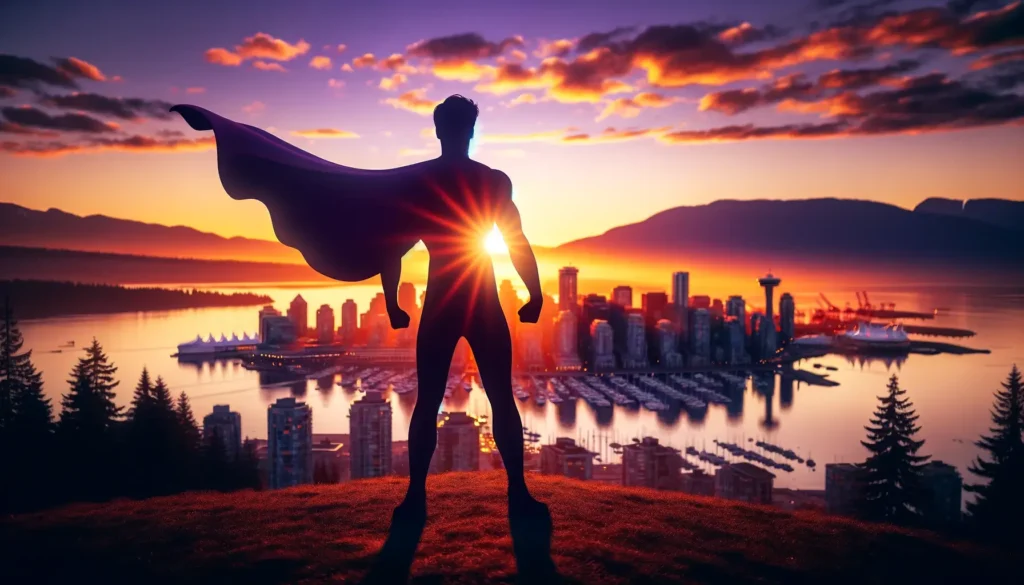 Silhouetted superhero overlooking Vancouver, representing Superman Pills Canada's Sildenafil Tadalafil combination for erectile dysfunction treatment.