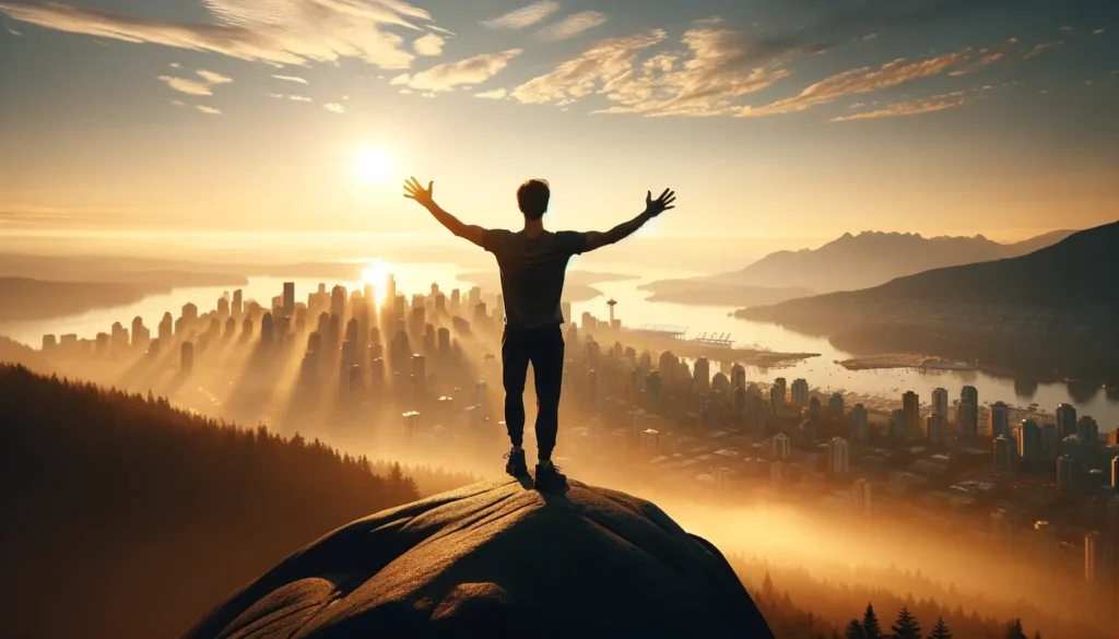 Person with arms raised in triumph on a hilltop at sunrise over Vancouver, epitomizing the confidence and vitality associated with Superman Pills Canada for erectile dysfunction.