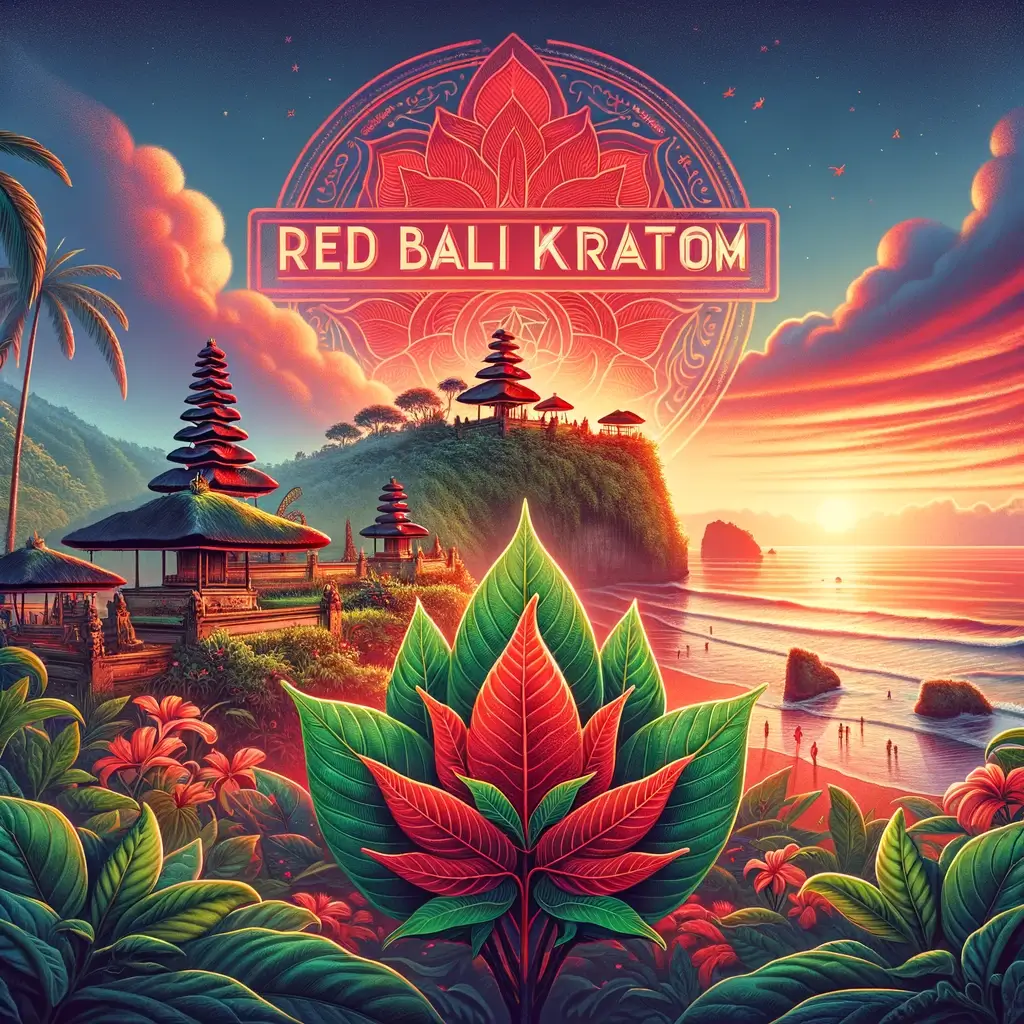 Vivid cover image featuring a picturesque Bali sunset with vibrant colors, Red Bali Kratom leaves, and the blog title "RED BALI KRATOM."