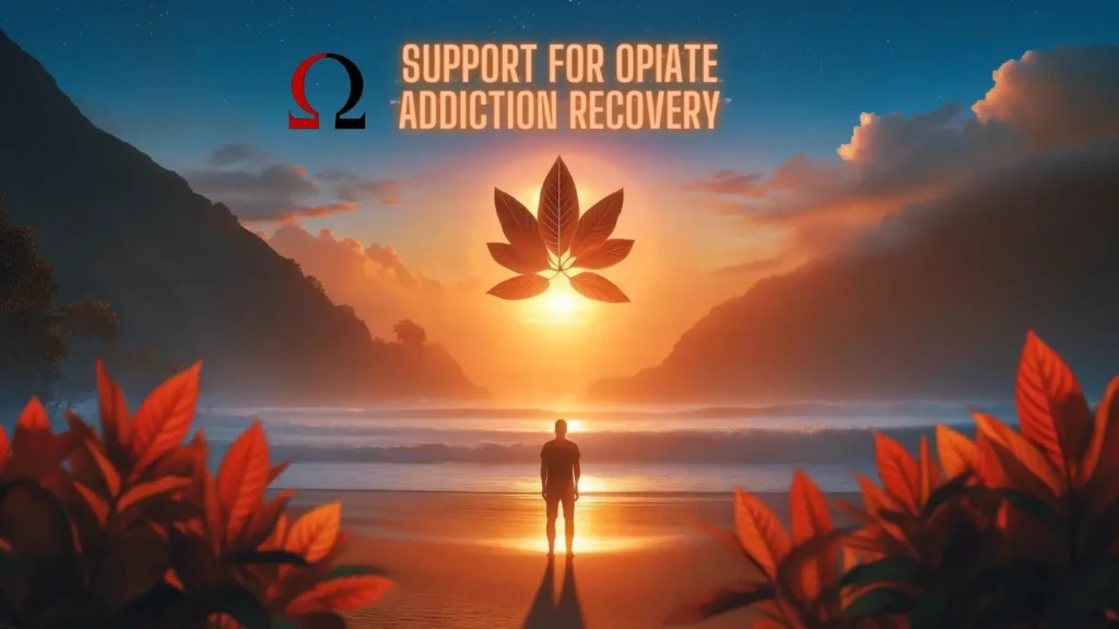 Man looking peacefully into the Bali sunset with the caption "Support For Opiate Addiction Recovery" and Red Bali Kratom leaves