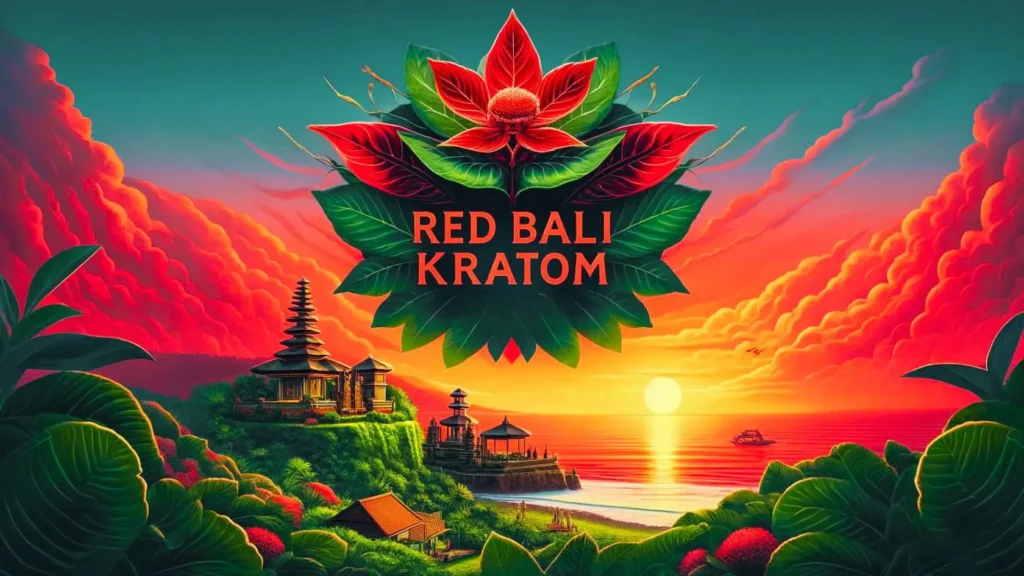Vivid view of the famous Bali sunset with Red Bali Kratom leaves and the headline "RED BALI KRATOM"