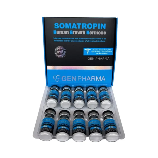 Gen Pharma Somatropin: Open box containing 10 vials of HGH peptide for sale online.